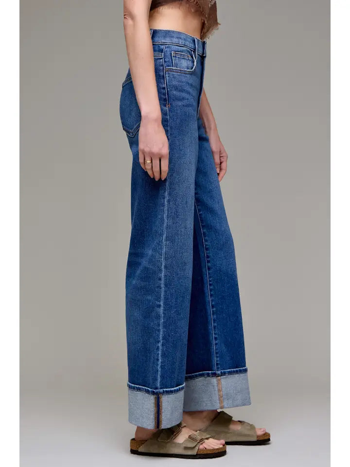 Dark Wash Cuffed Stretch Clean Dad Jean