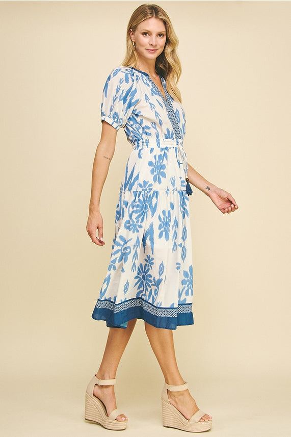 Blue and White Floral Midi Dress