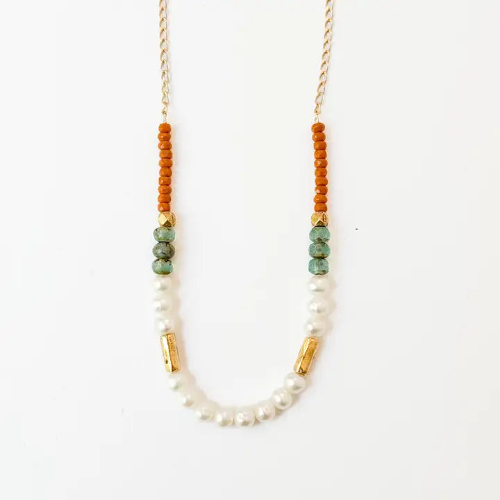 Dainty Pearl Necklace with Gold and Aqua Beads