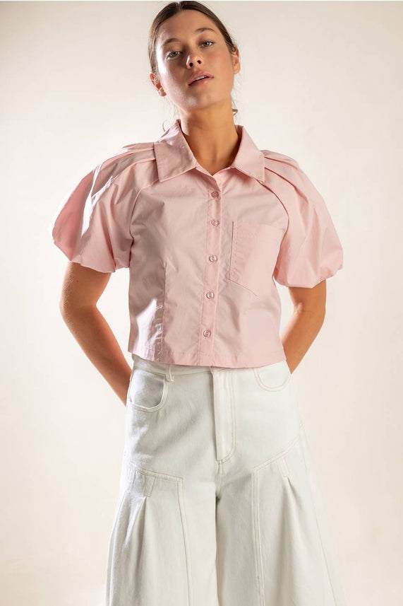 Soft Pink Bubble Sleeve Button Down