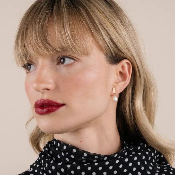 Rectangle Pearl Drop - Gold Earrings