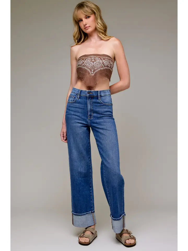 Dark Wash Cuffed Stretch Clean Dad Jean