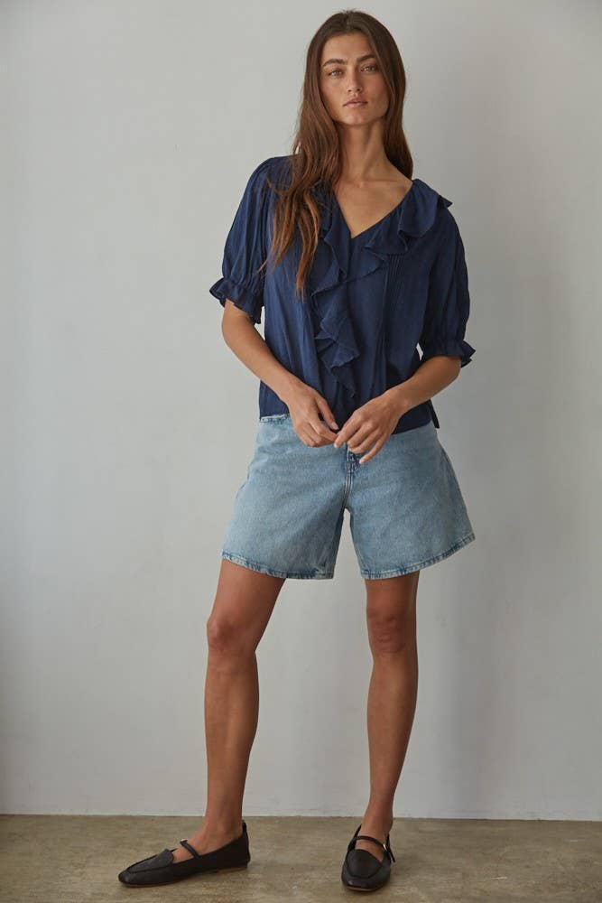 Ruffled Navy Buttondown Top