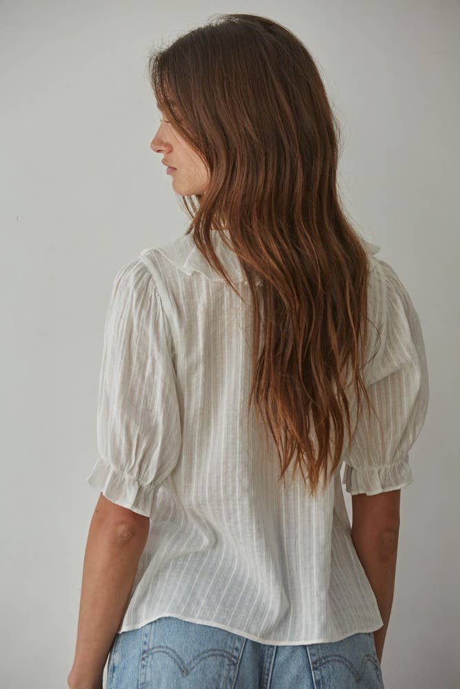 Cotton Button Down V-Neck Short Sleeve Top
