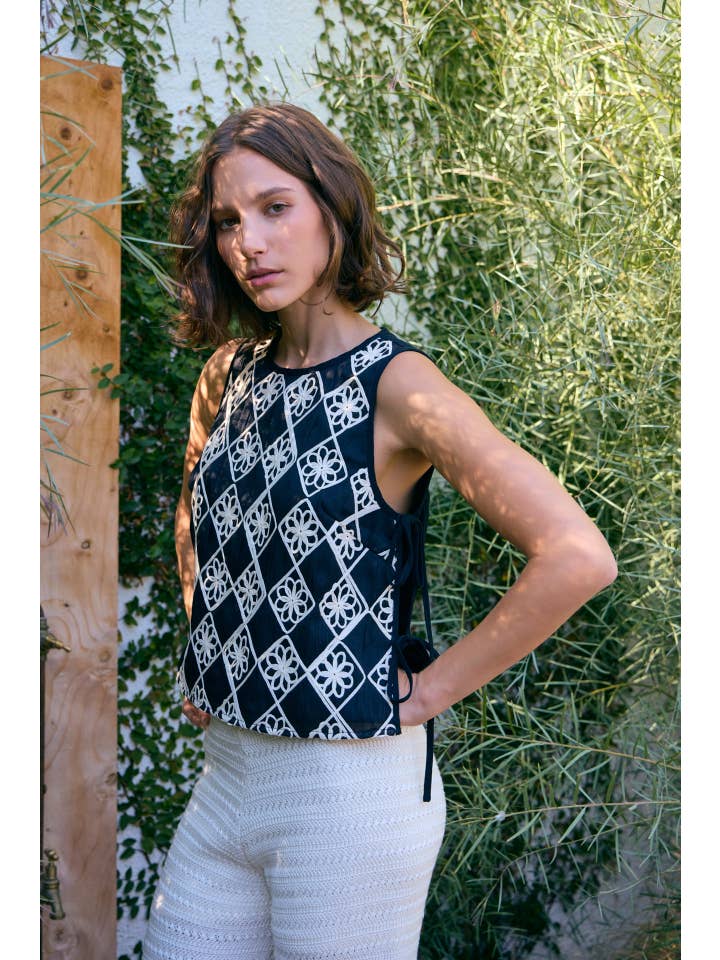 Floral Applique Top with Side Bow Tie Detail