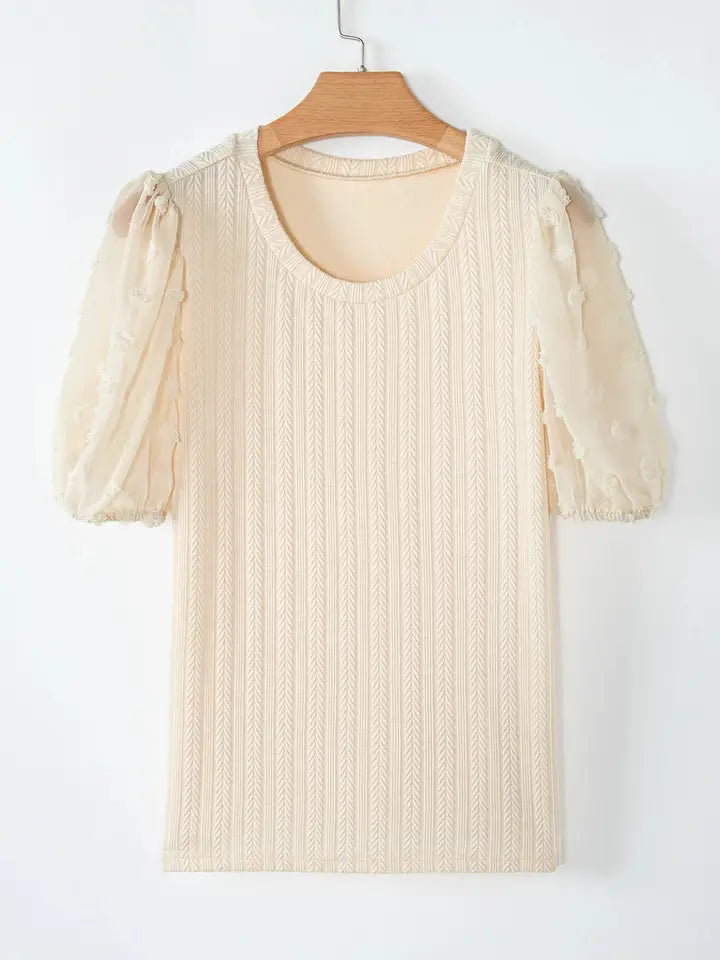 Cream Polka Dot Mesh Puff Sleeve Textured Blouse