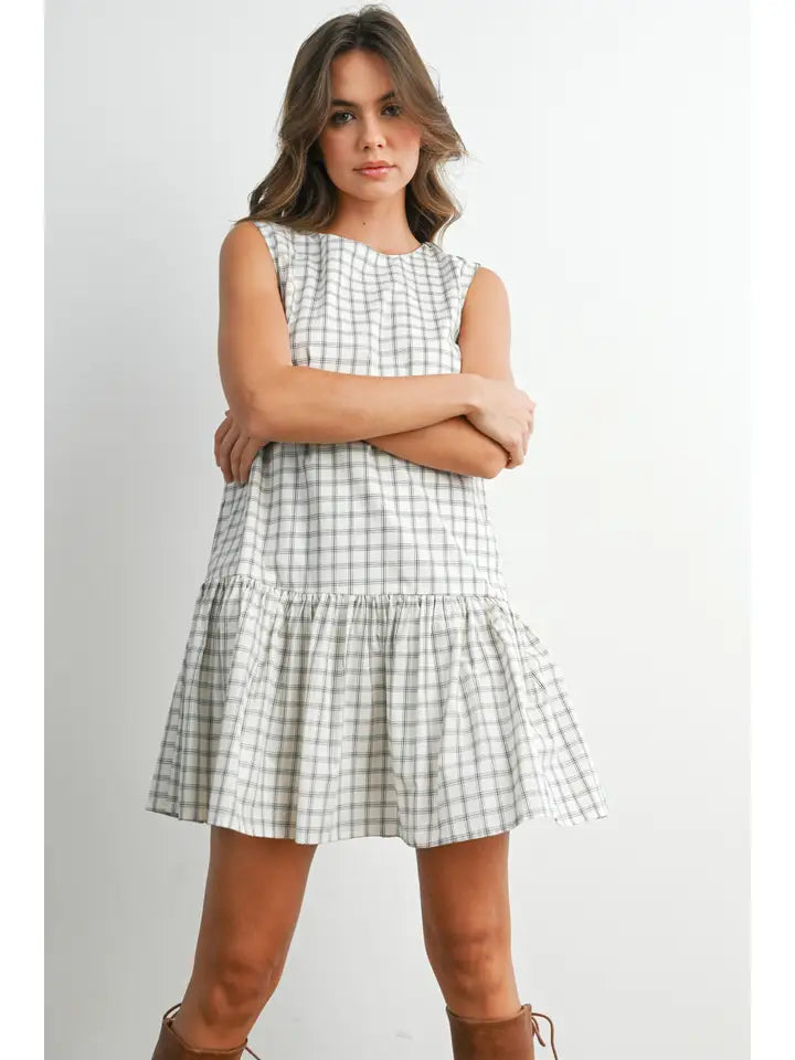 Plaid Button-Back Peplum Mini Dress