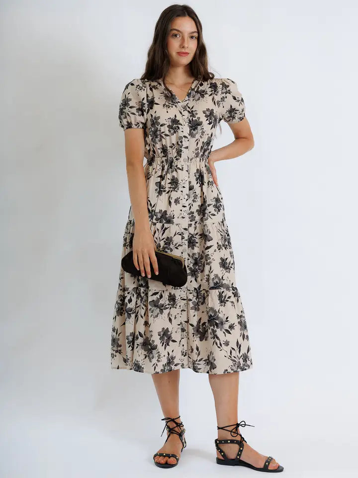 Nadine Floral Print Short Sleeve Midi Dress