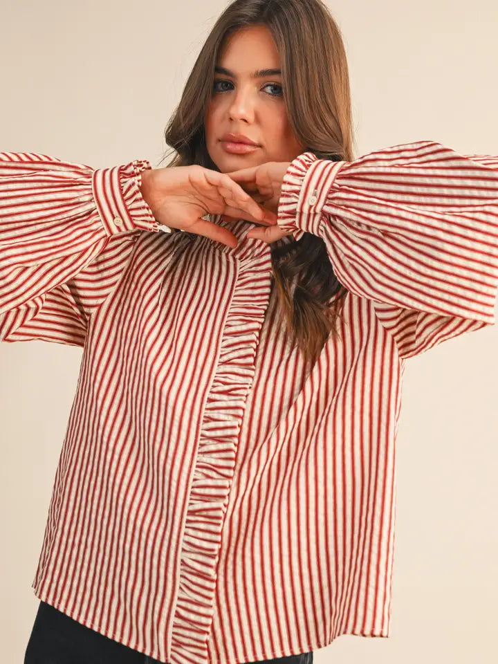 Striped Ruffled Button Down Long Sleeve Top
