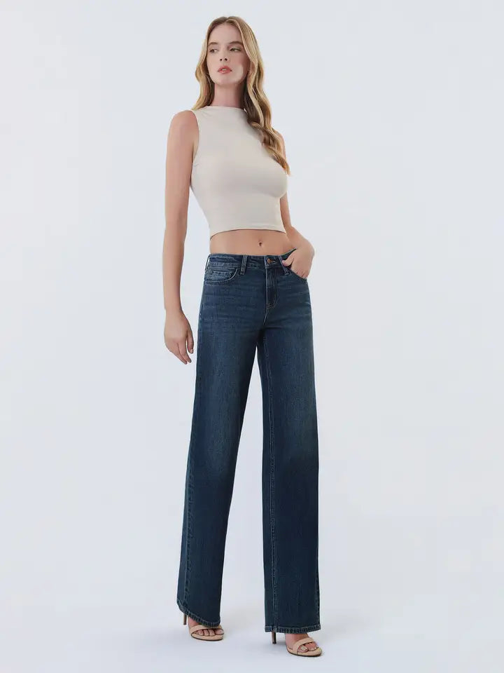 Mid Rise Full Length Dark Wash Wide Leg Jeans