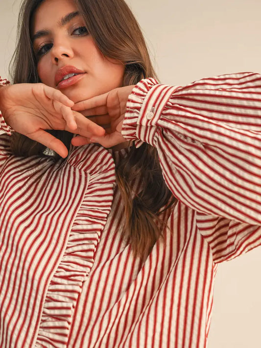 Striped Ruffled Button Down Long Sleeve Top