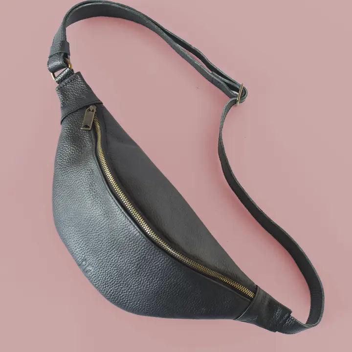 Pebbled Black Leather Sling Bag with Adjustable Strap