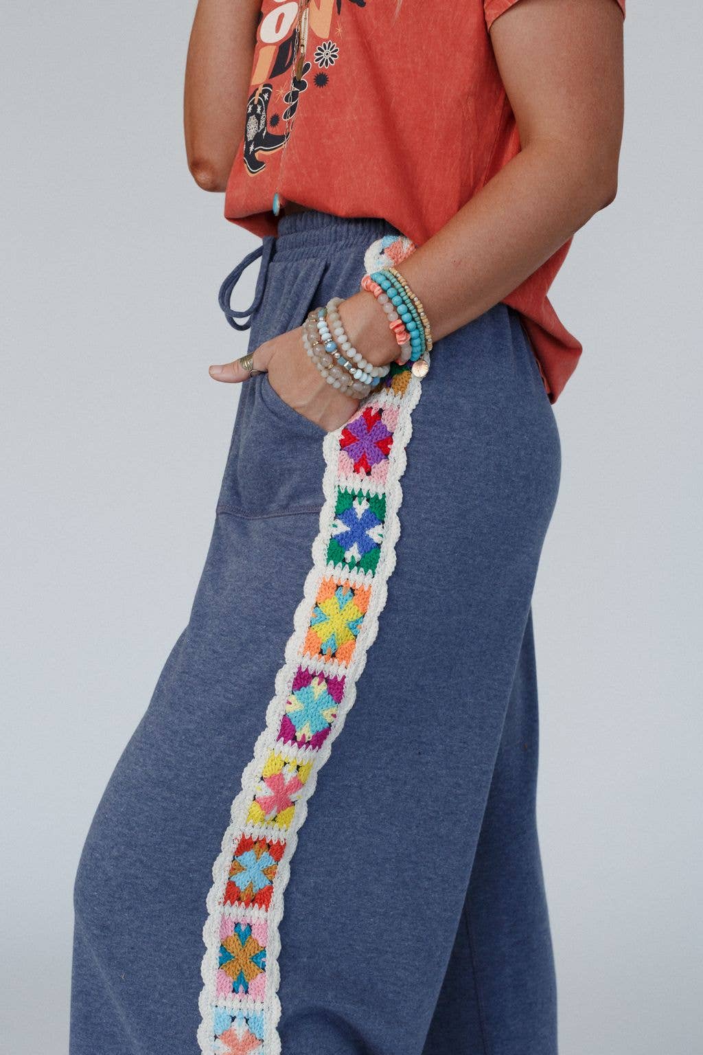 Love Seeker Crochet Panel Pants - Heather Navy