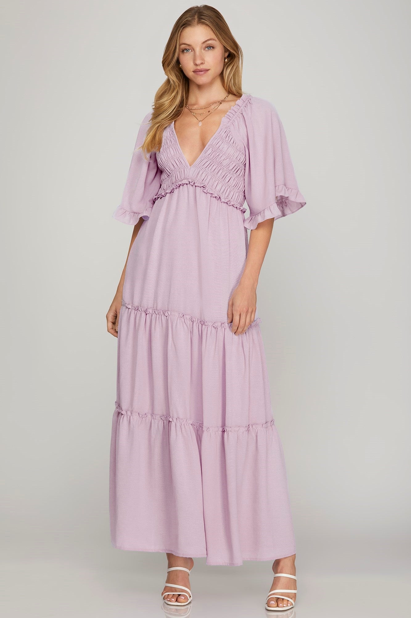 Bell Sleeve Smocked Tiered Maxi Dress Large Bell Sleeve Smocked Tiered Maxi Dress Large
