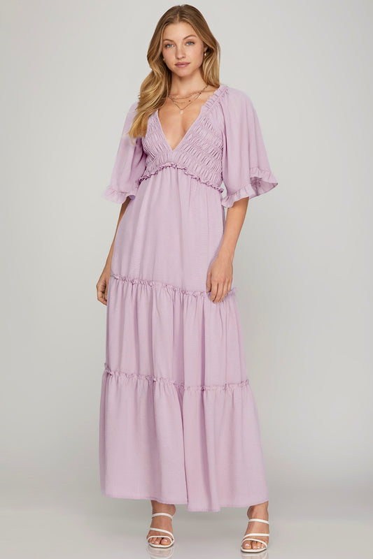 Bell Sleeve Smocked Tiered Maxi Dress