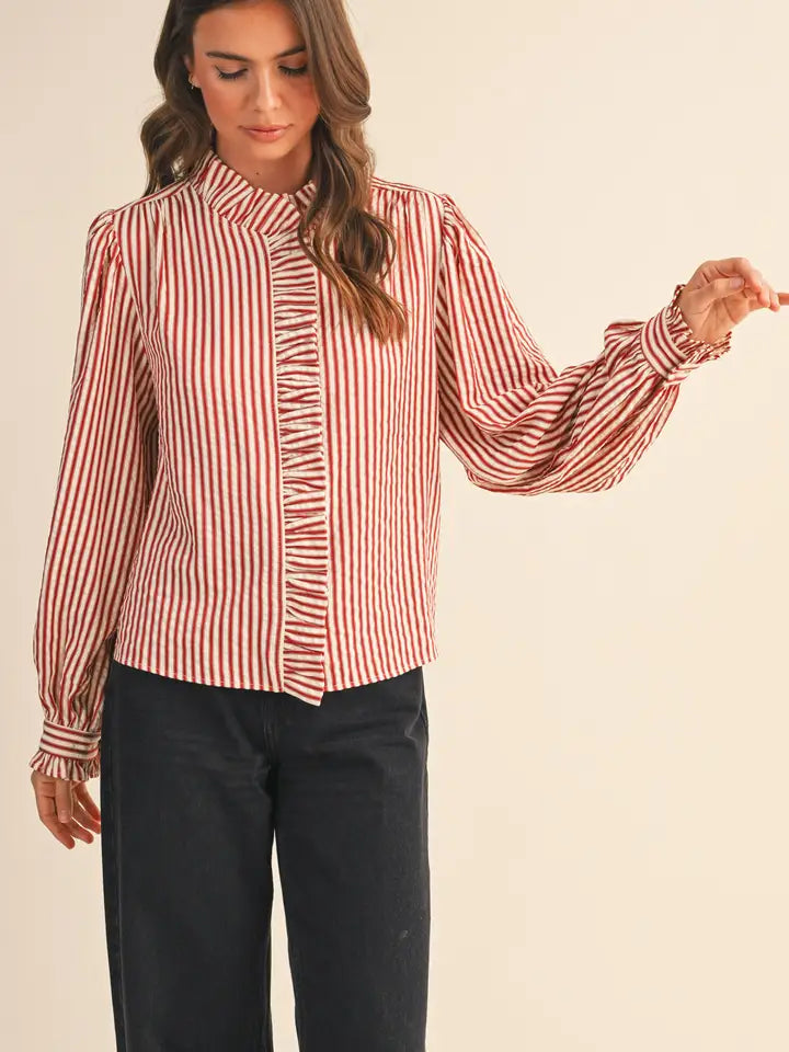 Striped Ruffled Button Down Long Sleeve Top