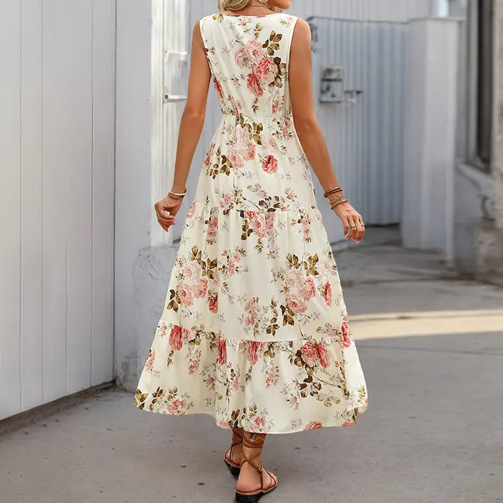 Sleeveless Deep V-Neck Floral Maxi Dress