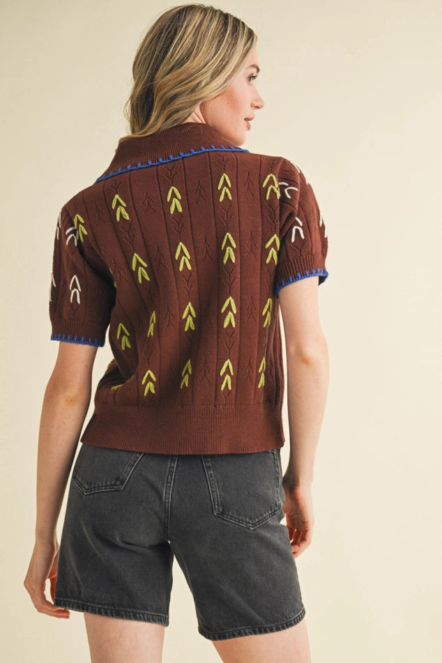 Hand Embroidered Short Sleeve Button Down Sweater