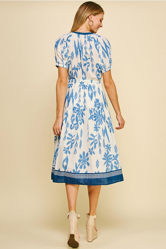 Blue and White Floral Midi Dress
