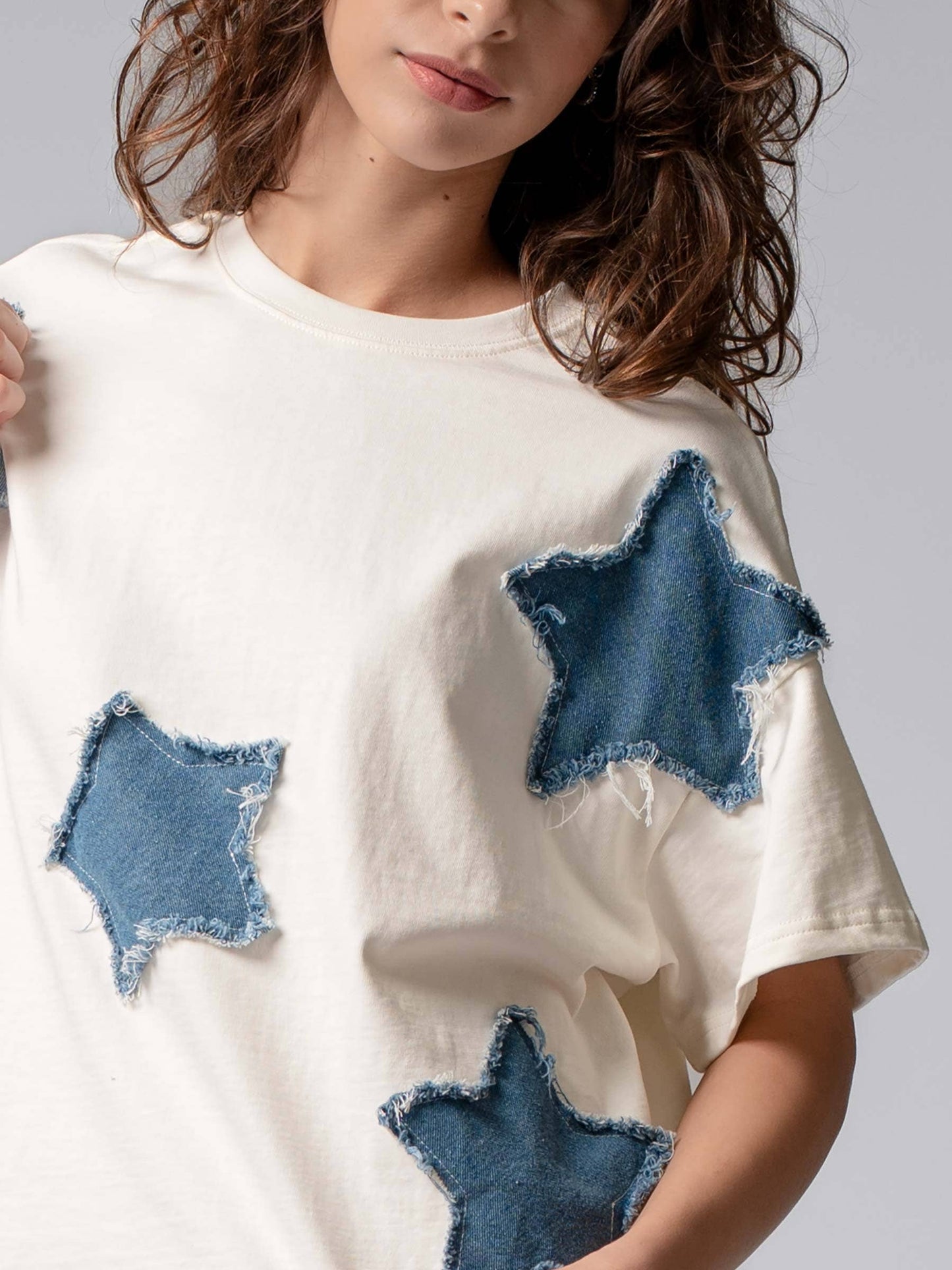 Distressed Denim Star Appliqué Cotton Tee
