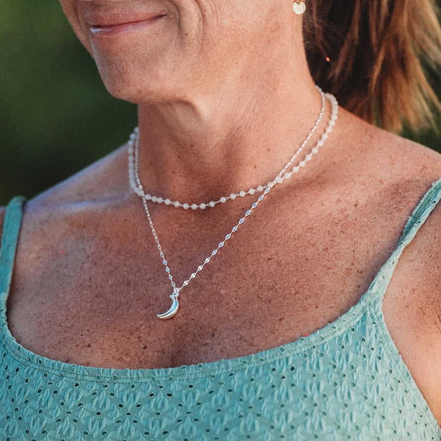 Eclipse Silver Moon Charm & Iridescent Bead Necklace Set