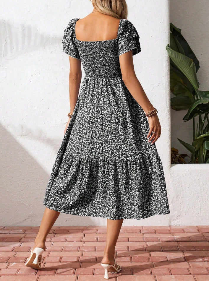 Floral Square Neck Smocked Short Sleeve Maxi Dress