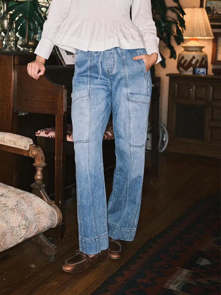 Drawstring Waist Straight Soft Denim Pants