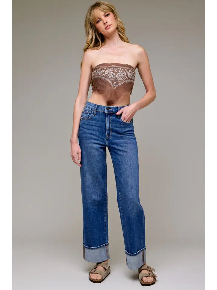 Dark Wash Cuffed Stretch Clean Dad Jean