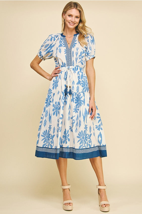 Blue and White Floral Midi Dress