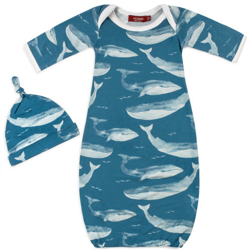 Milk Barn Blue Whale Newborn Gown & Hat Set