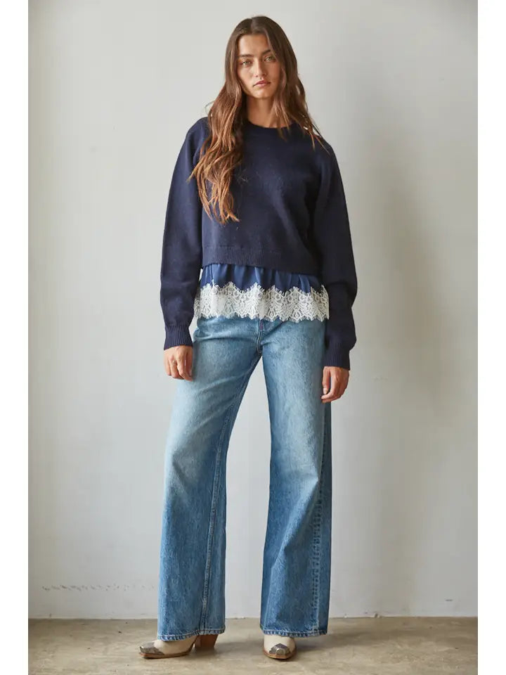 Knit Sweater Twofer Top Satin Lace Trim Detail