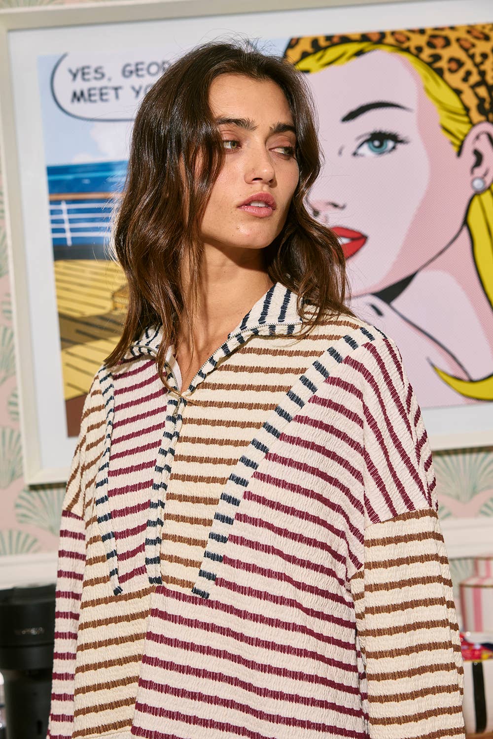 Oversized Funnel-Neck Half Zip Striped Top