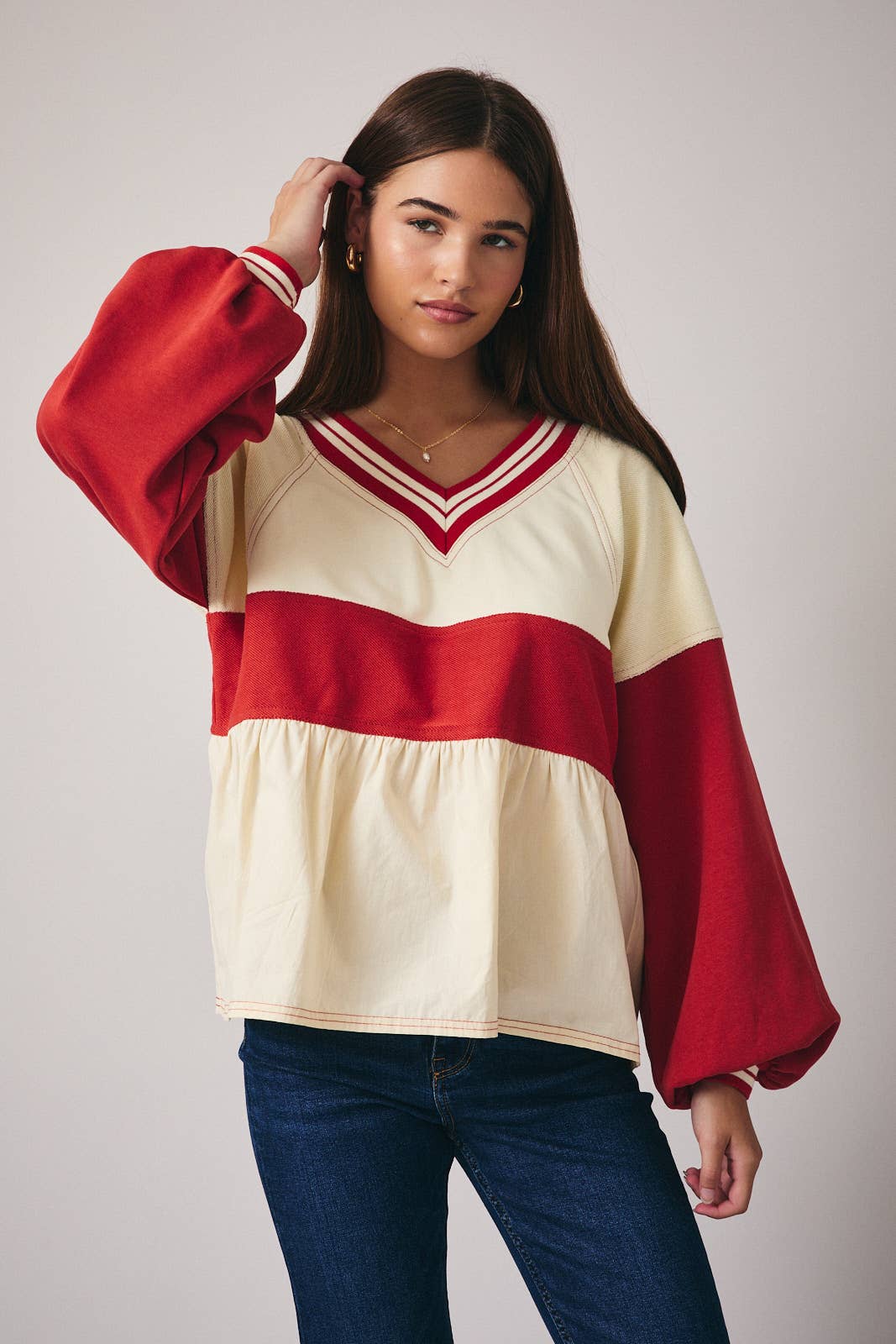 Colorblock V Neck Babydoll Top