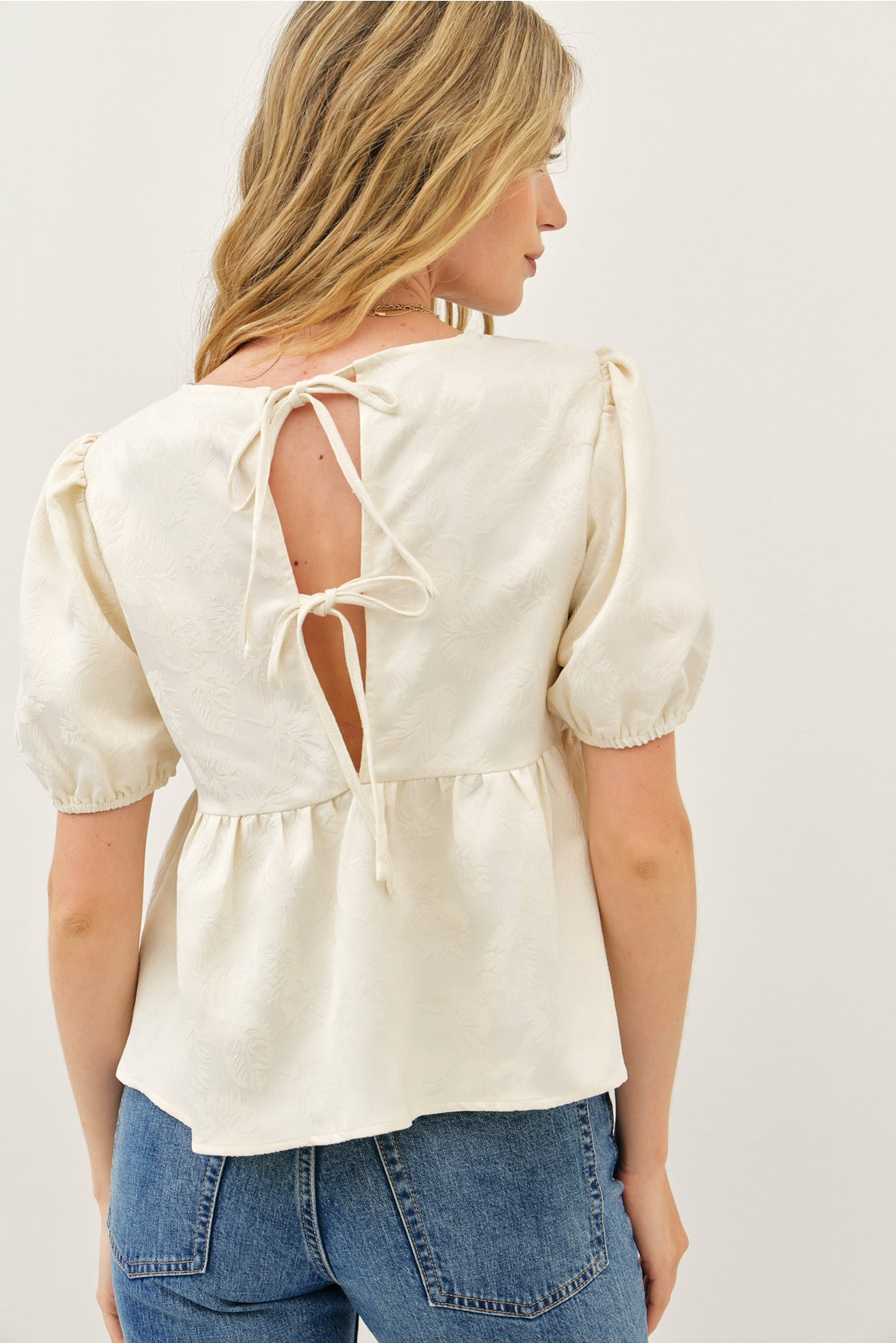 Textured Leaf Babydoll Top with Open Back Bows