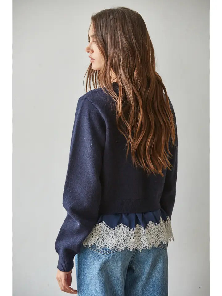 Knit Sweater Twofer Top Satin Lace Trim Detail