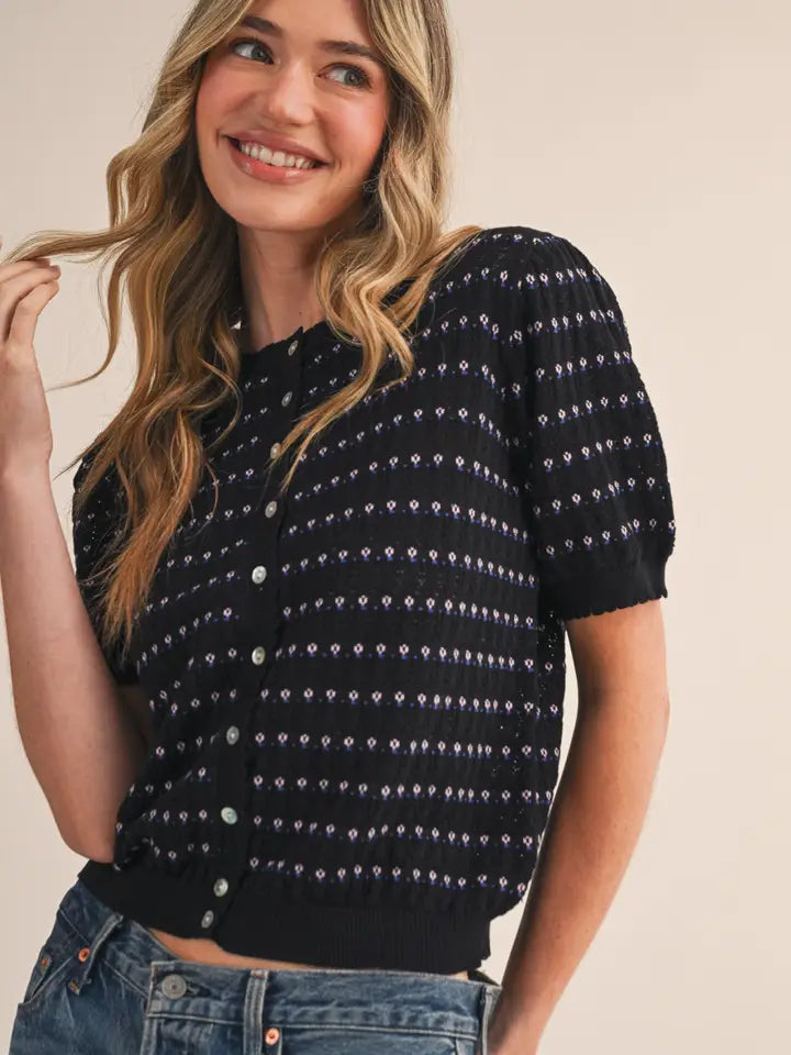 Short Puff Sleeve Button Down Sweater