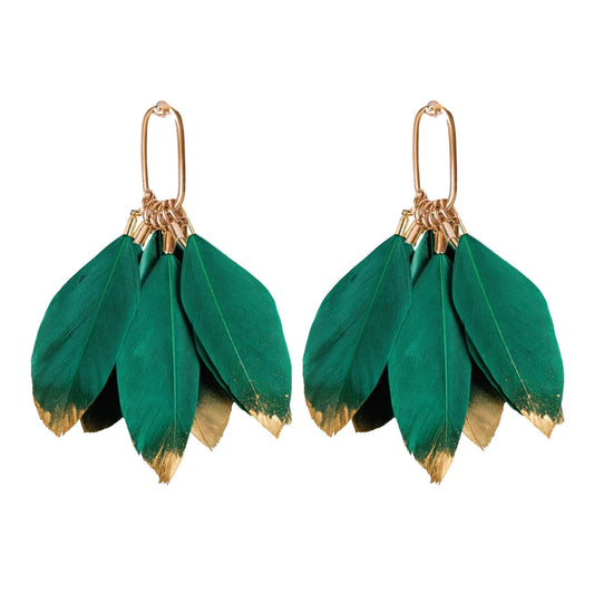 Emerald Gold Dipped Feather Tassel Statement Earrings