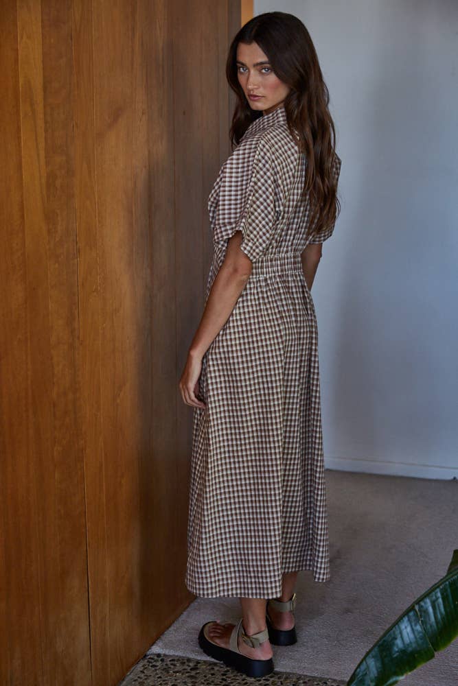 Cotton Gingham Print Button Down Flare Maxi