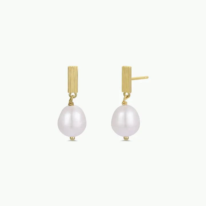 Rectangle Pearl Drop - Gold Earrings