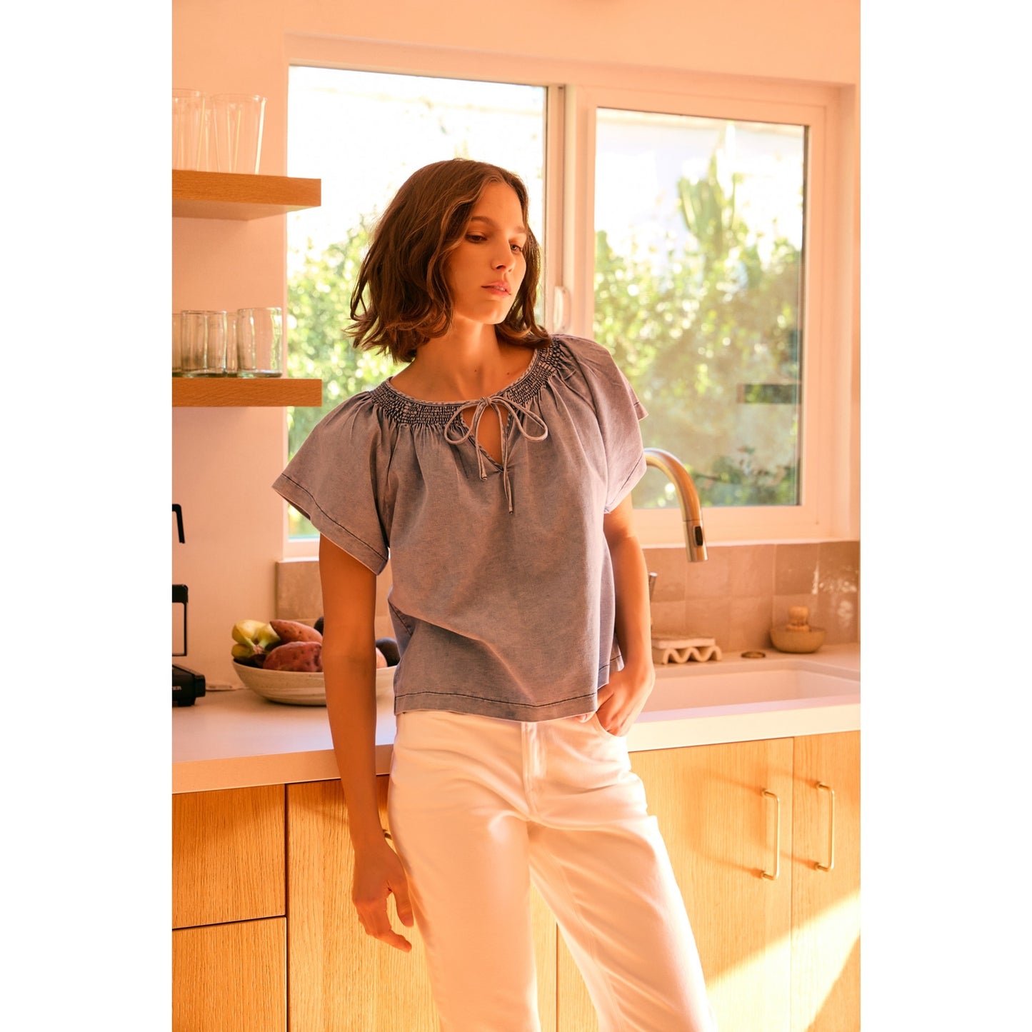 Mineral-Washed Smocked Chambray Top