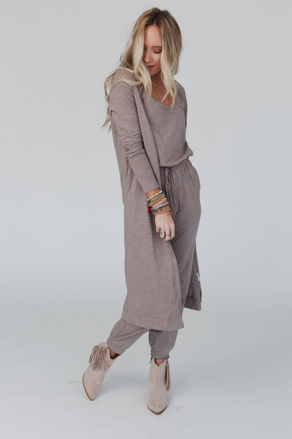 Set to Go - Jumpsuit And Cardigan Set - Mocha