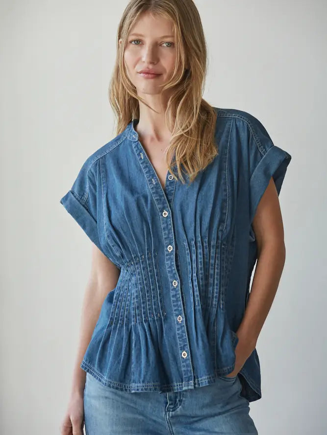 Denim Pleated Button Down Top