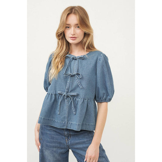 Denim Bow Front Peplum Blouse