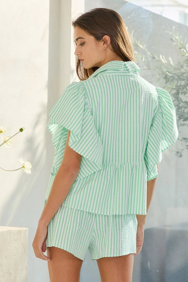 Ruffle Sleeves Pintuck Striped Shirt Top