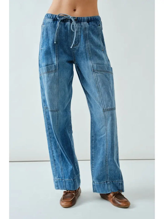 Drawstring Waist Straight Soft Denim Pants