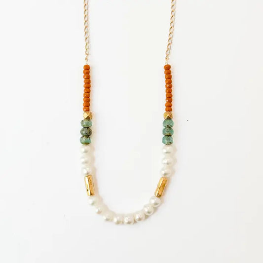 Dainty Pearl Necklace with Gold and Aqua Beads