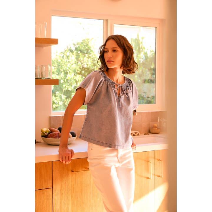 Mineral-Washed Smocked Chambray Top