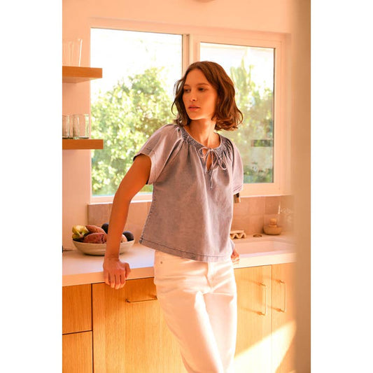Mineral-Washed Smocked Chambray Top