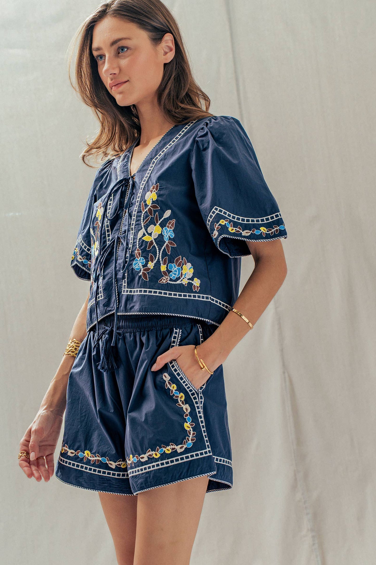 Floral Embroidered Drawstring Cotton Shorts
