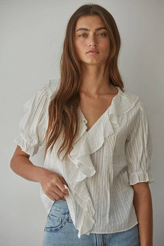 Cotton Button Down V-Neck Short Sleeve Top